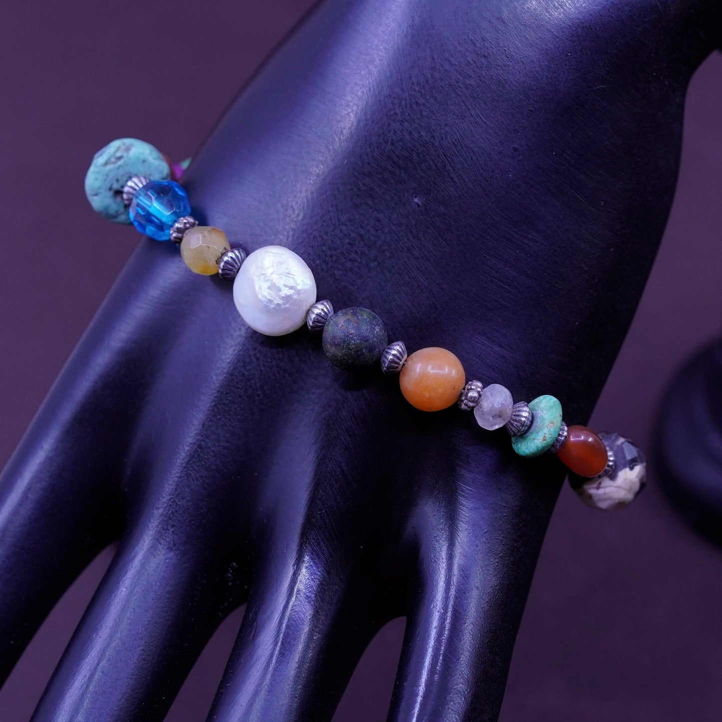 7.75”, sterling silver bracelet turquoise citrine carnelian polar bear charm