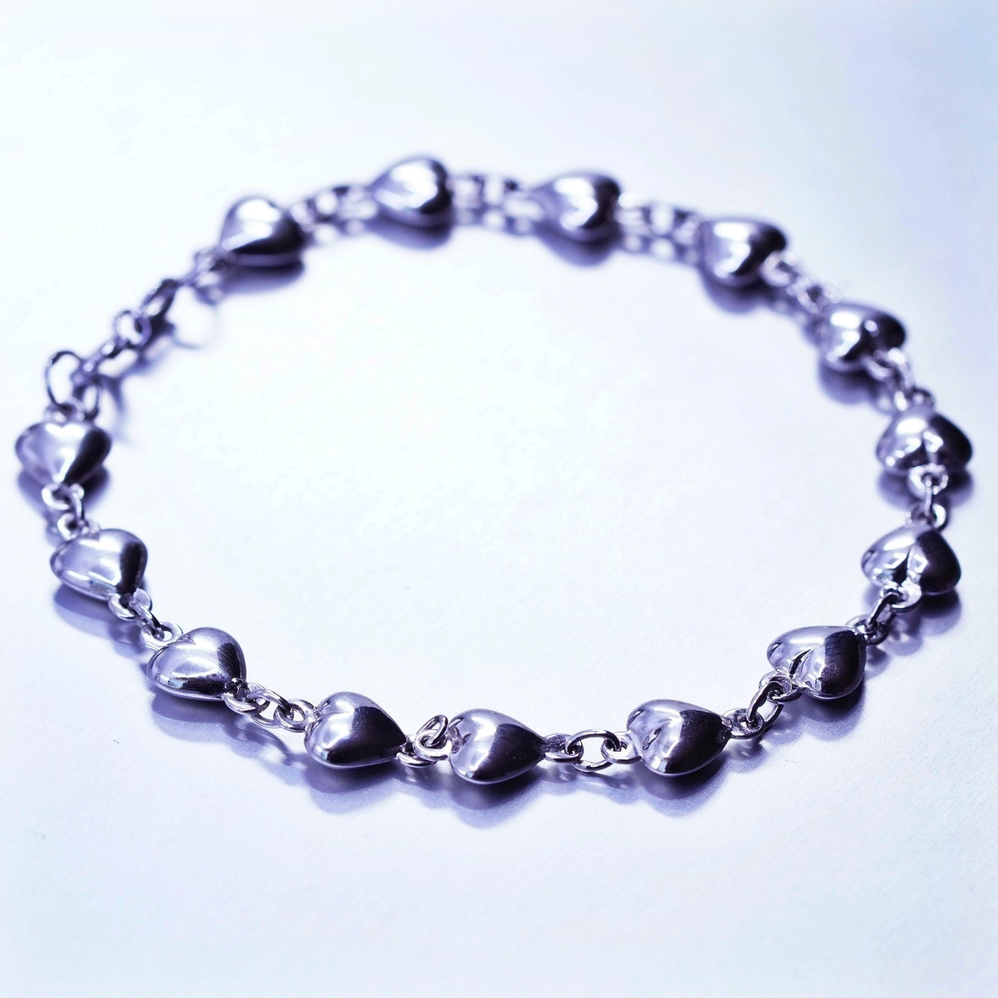 7”, vintage Sterling 925 silver handmade bracelet, heart chain