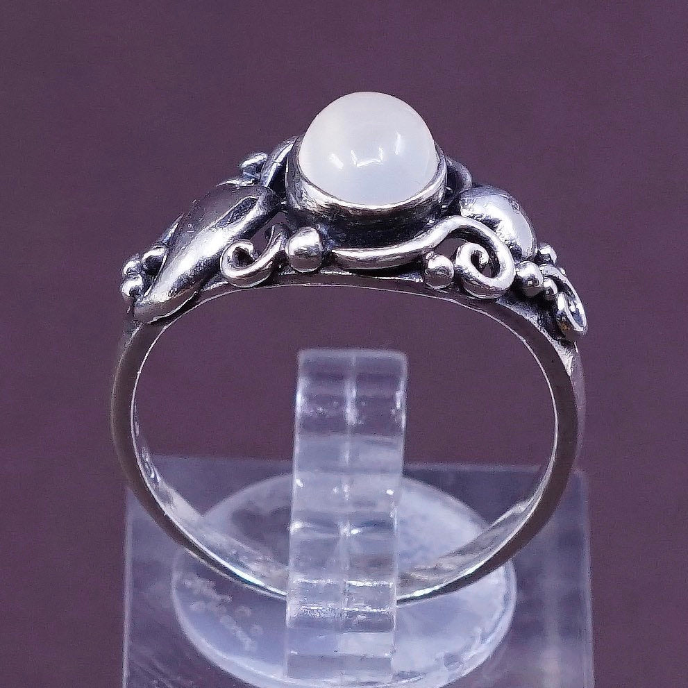 sz 8.5, vtg Sterling silver handmade ring, 925 w/ white tiger eye N beads