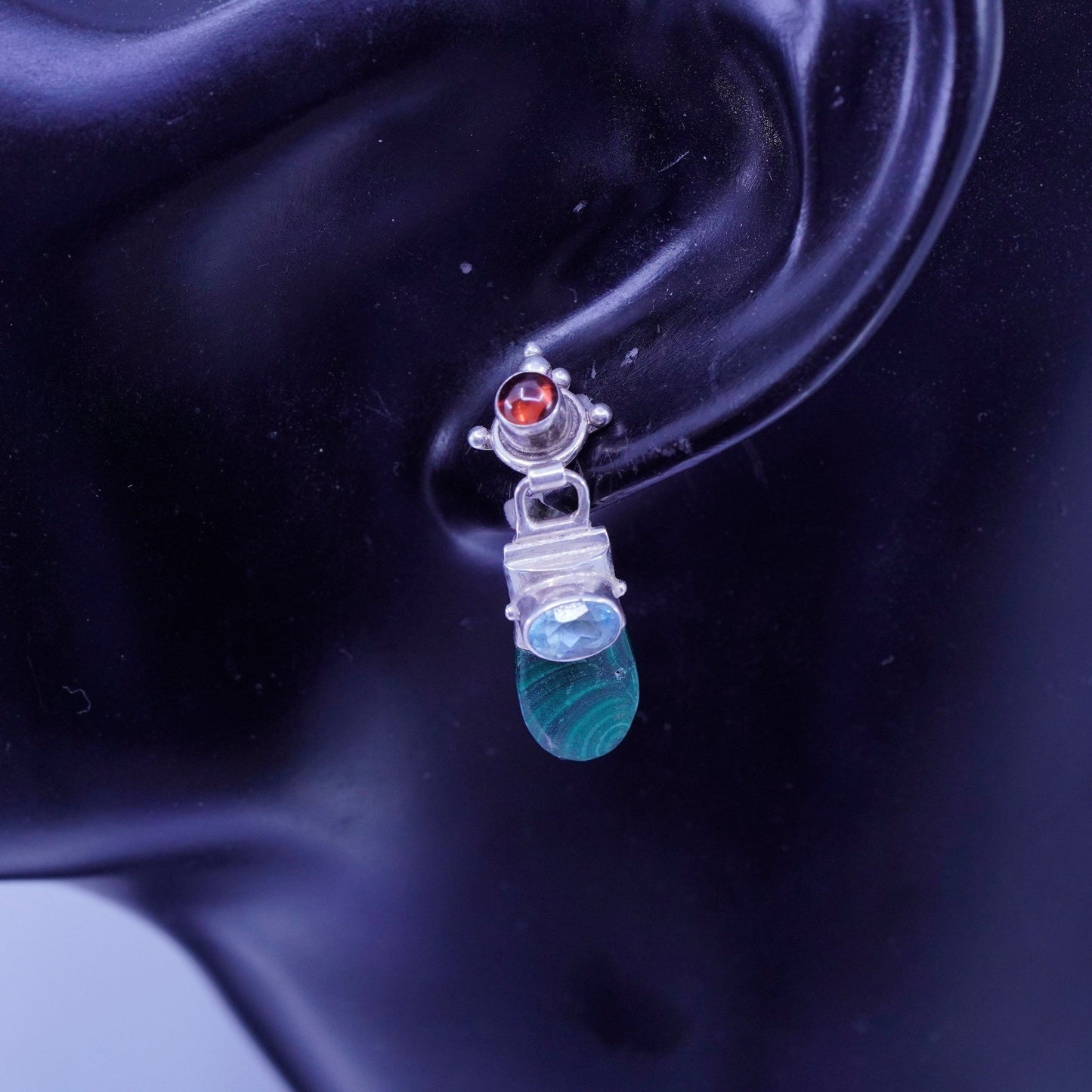 Vintage Sterling 925 silver handmade earrings with malachite topaz and garnet