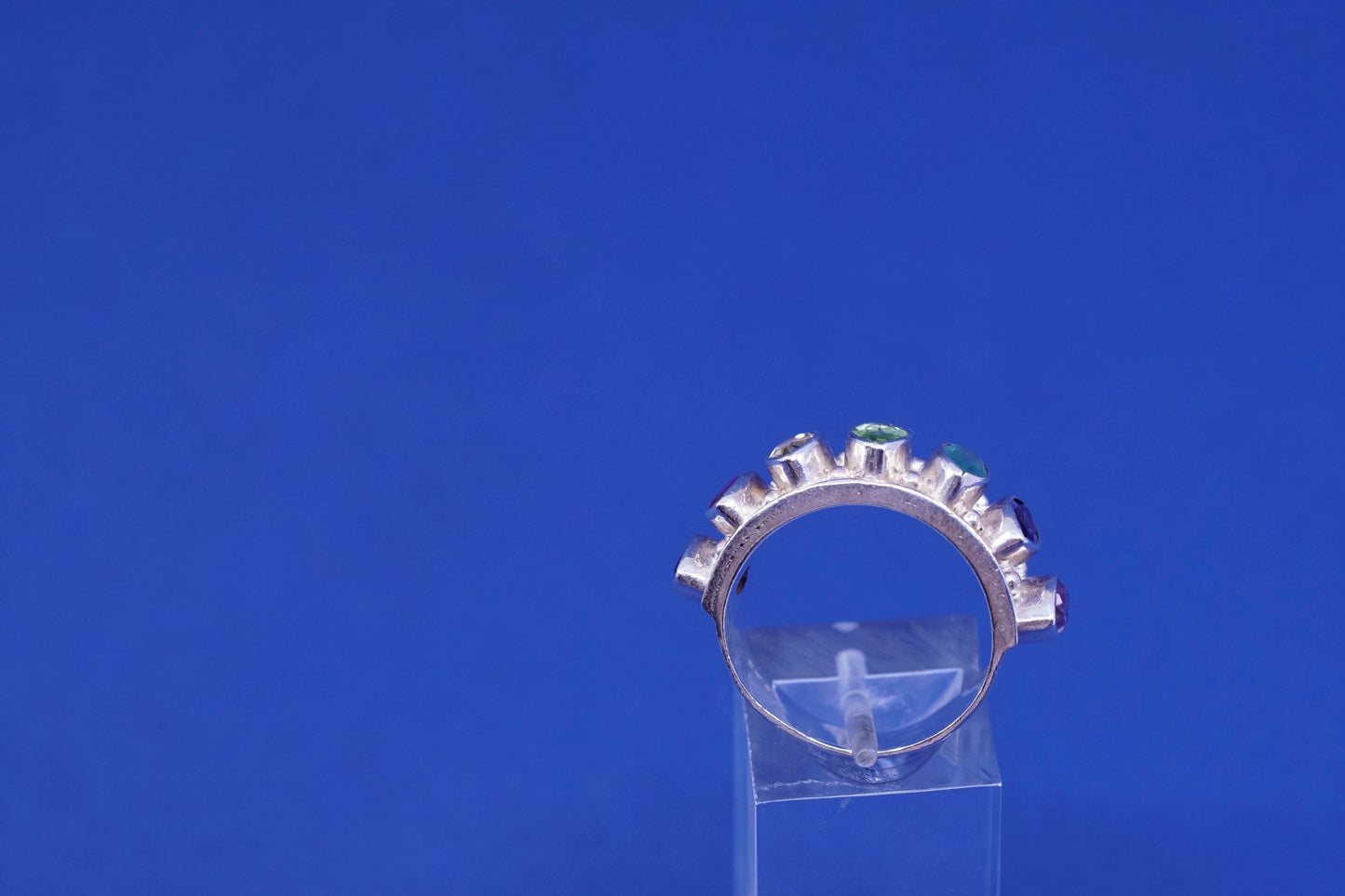 sz 8, Sterling silver ring, 925 cocktail band with peridot ruby topaz amethyst