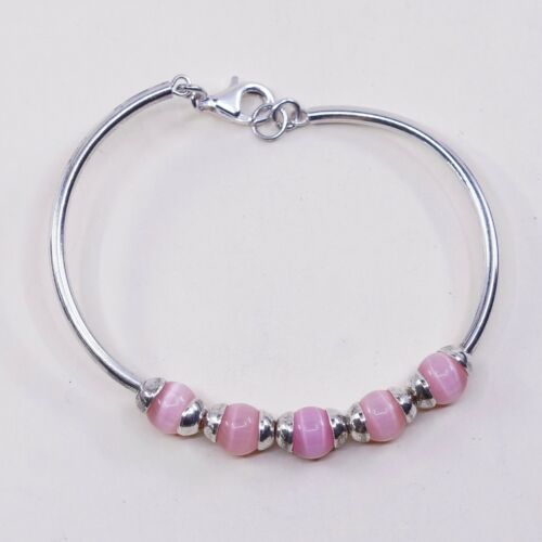 7”, Vtg Sterling Silver Handmade Bracelet, 925 W/ Pink Tiger’s Eye Bangle