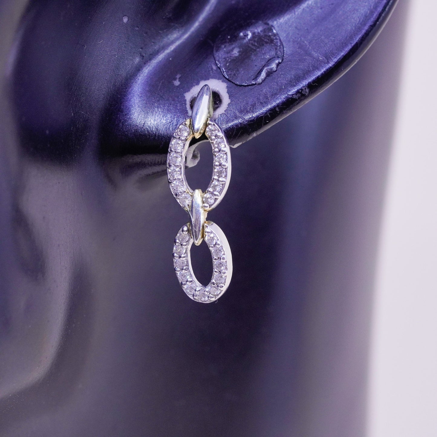 Vintage sterling 925 silver handmade oval earrings with round CZ