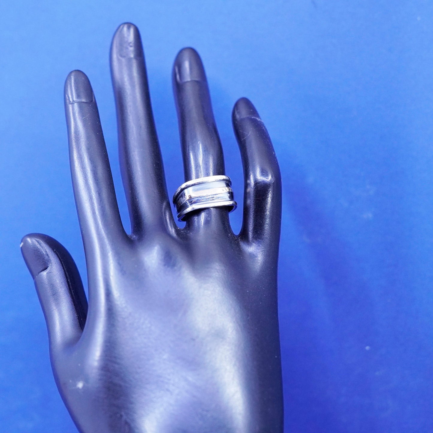 Size 5.75, Sterling 925 silver handmade ring 14K bar, Native American