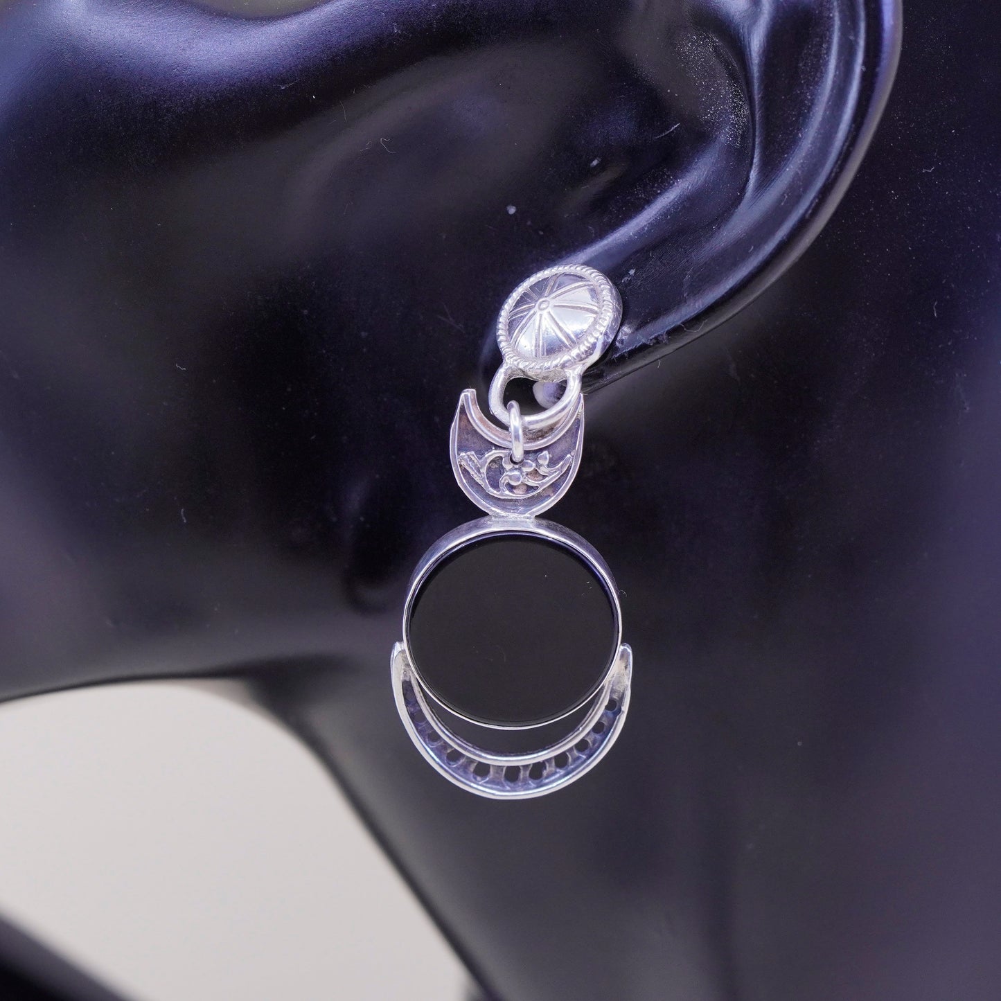 Vintage Israel Sterling 925 silver handmade earrings with obsidian