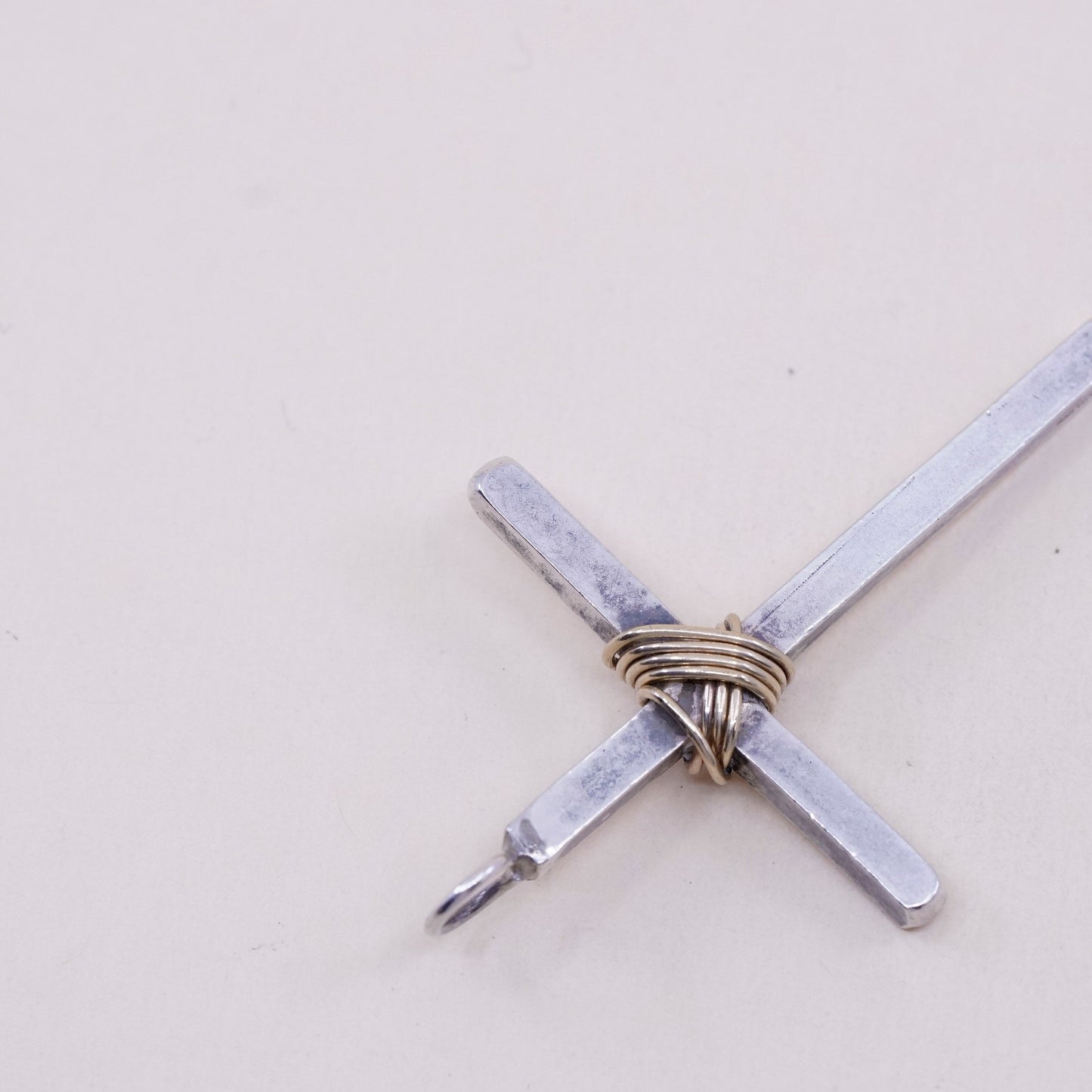 Vintage handmade Sterling silver pendant, 925 cross with brass wired