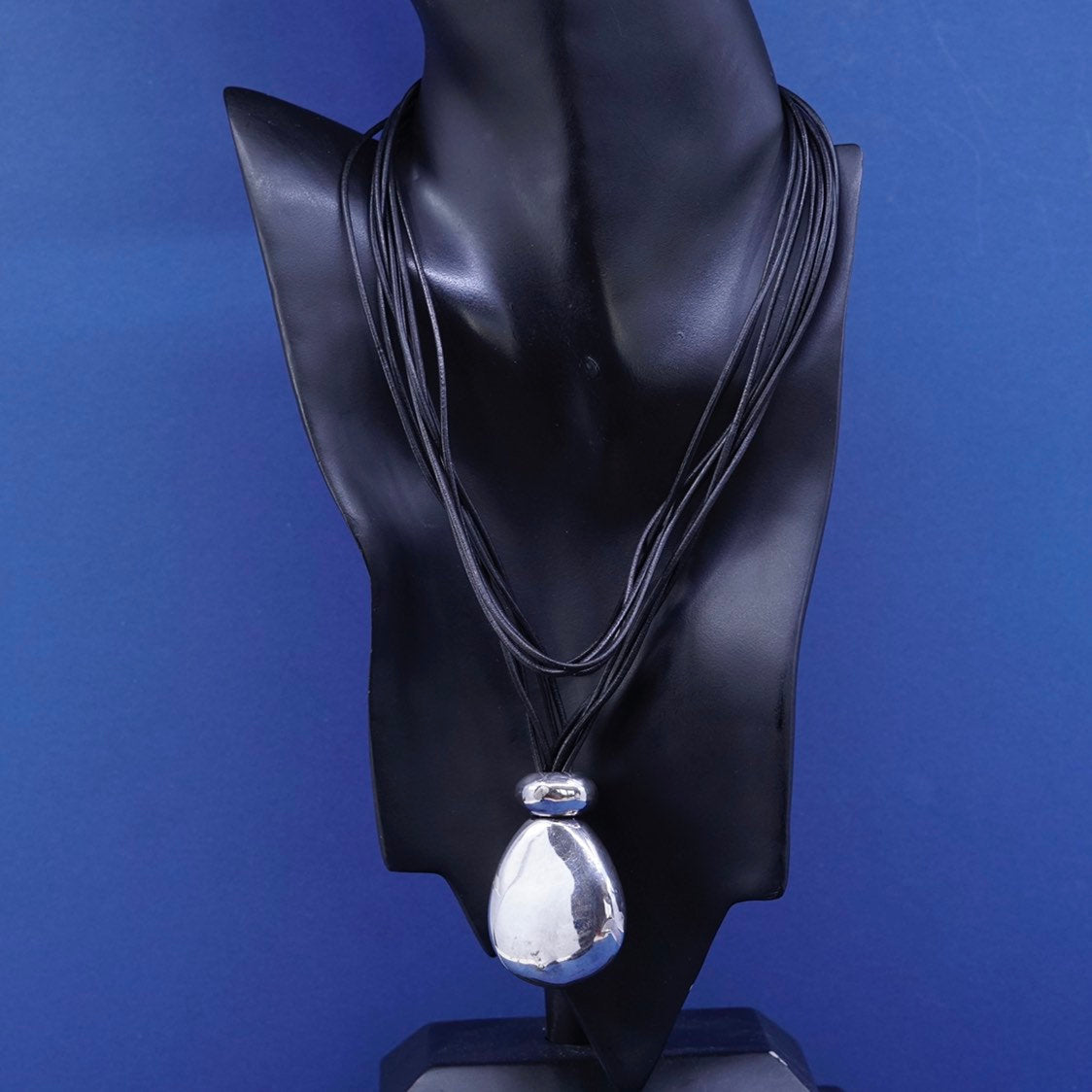 40”, vtg Sterling Silver Multi Strand black Leather Necklace Slide 925 Pendant