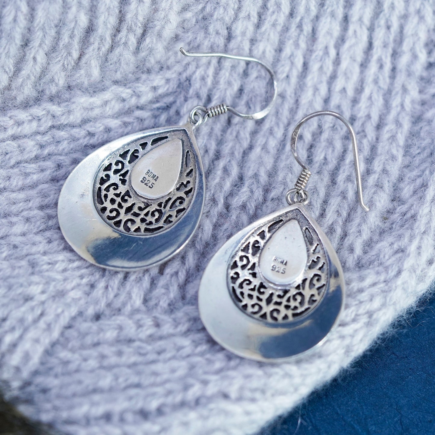 Boma Sterling 925 silver handmade teardrop filigree earrings with lapis lazuli