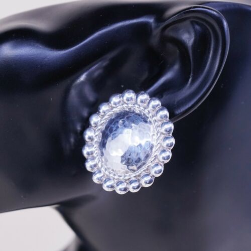 VINTAGE Fas Sterling Silver 925 Hammered Round Huge Studs EARRINGS W Beads