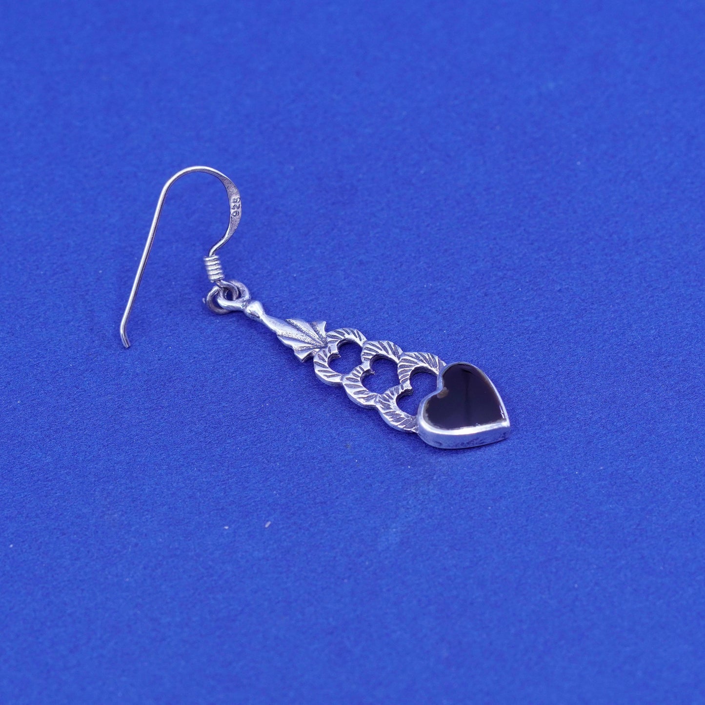 Vintage Sterling silver handmade earrings, 925 heart with obsidian