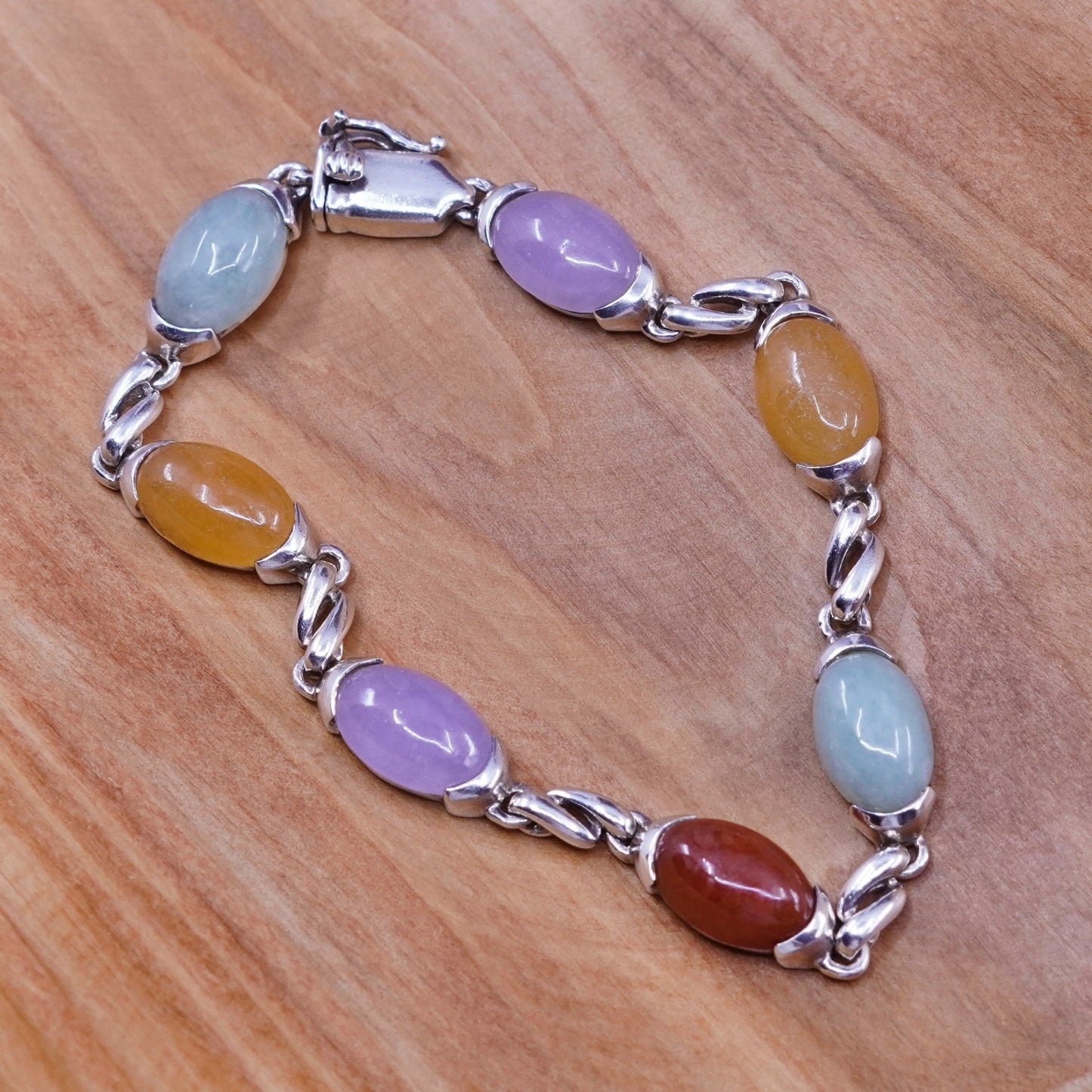 7”, vintage Sterling 925 silver handmade bracelet purple green jade carnelian