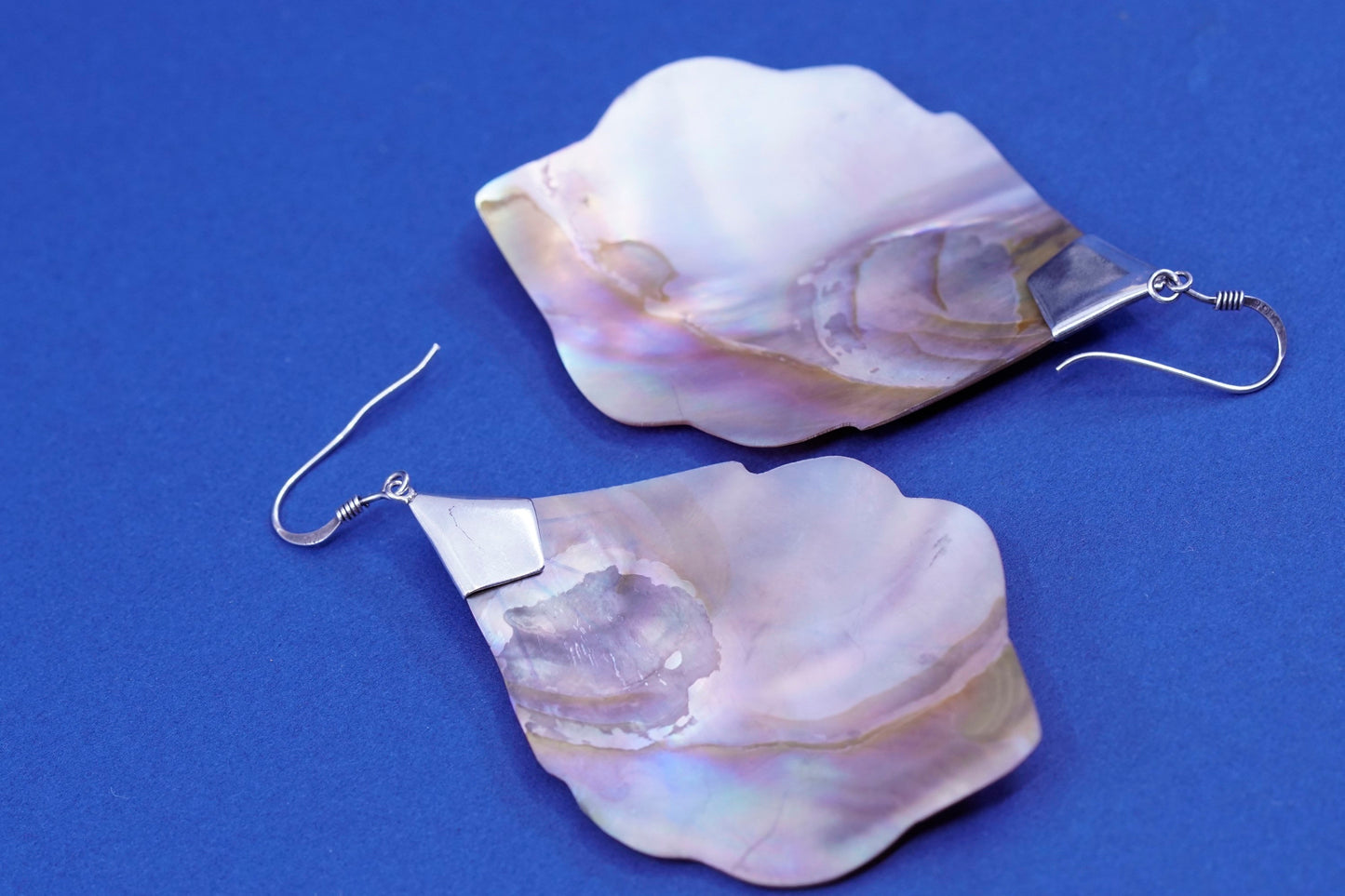 Vintage sterling 925 silver handmade earrings with feather abalone dangles