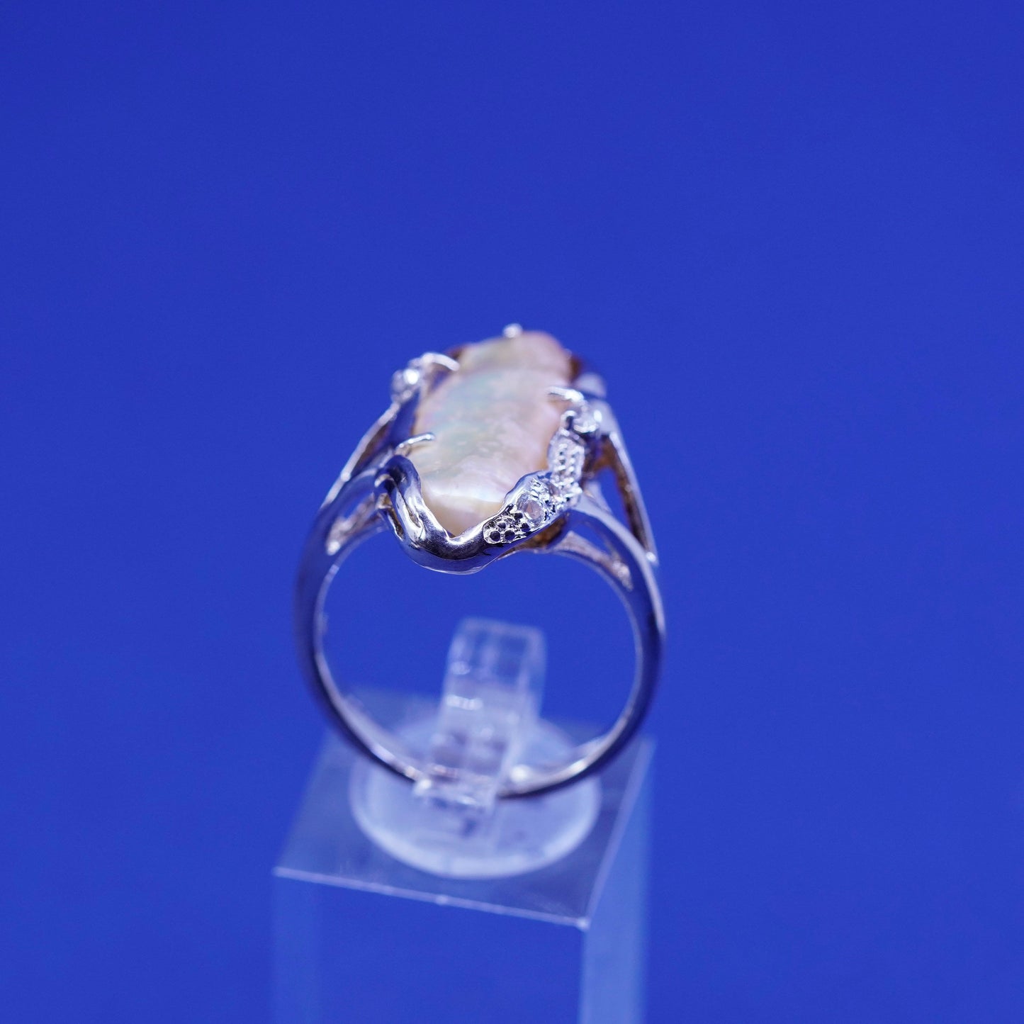 Size 10.25, vtg sterling 925 silver handmade statement ring with pearl and Cz