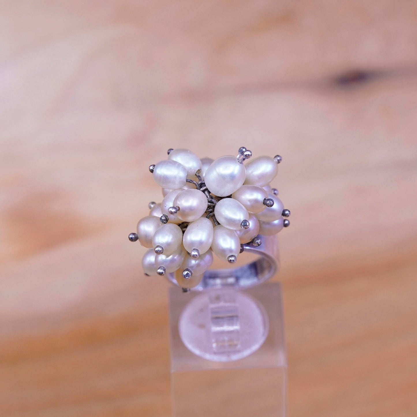 Size 7.25, vintage Sterling 925 silver handmade ring with cluster pearl