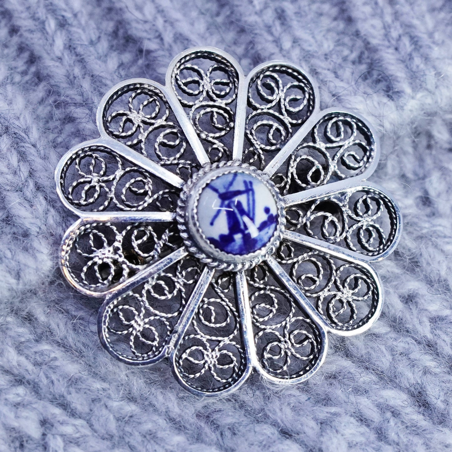 Vintage sterling silver handmade flower brooch, 925 Holland windmill pin