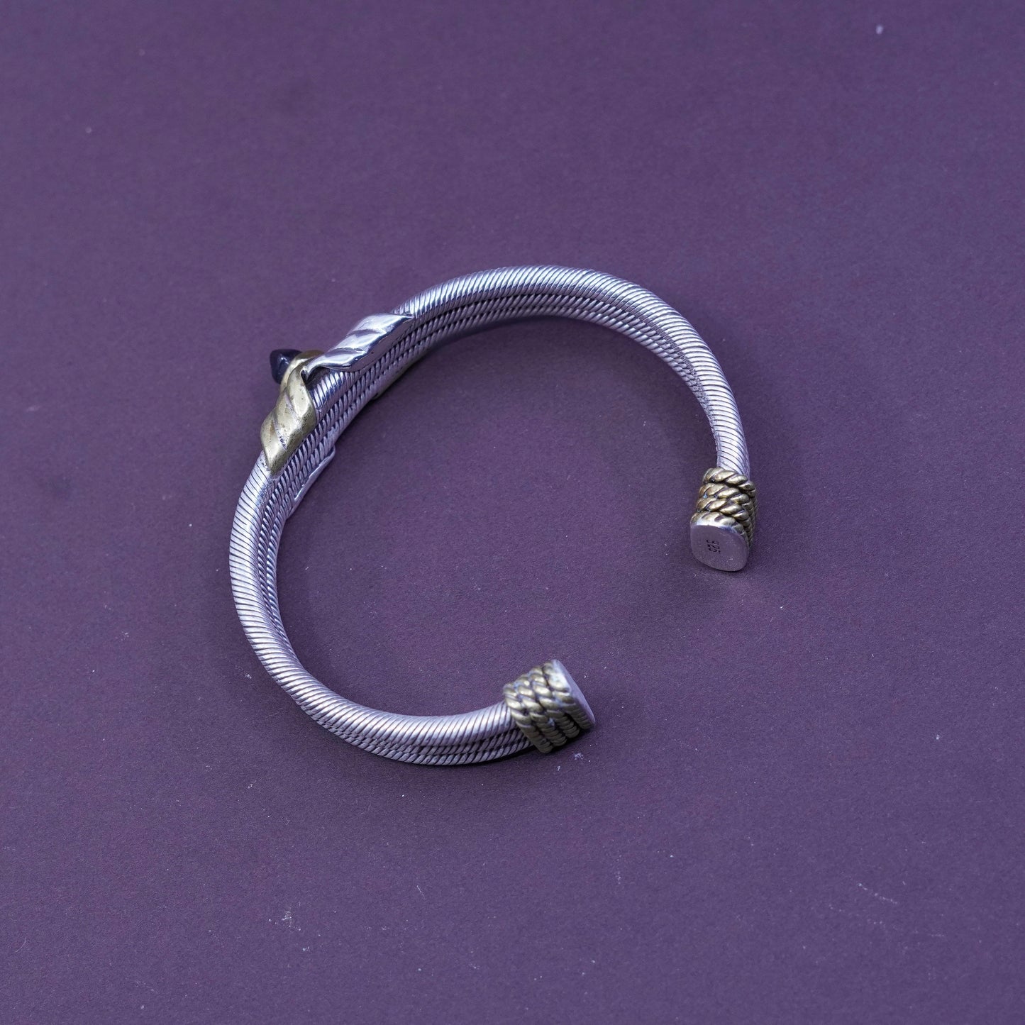 7”, two tone sterling silver handmade bracelet, 925 cable cuff brass cross