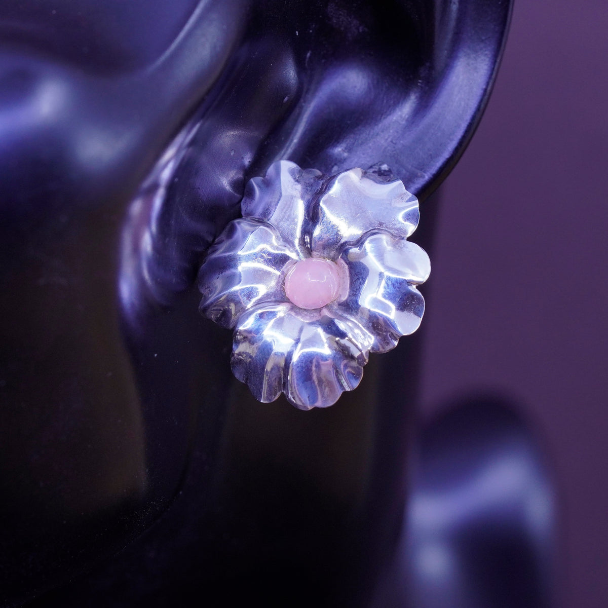 Vintage Sterling silver handmade earrings, 925 flower studs with pink quartz