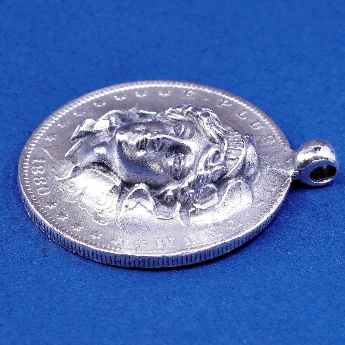 vtg 1880s sterling 925 silver coin, Pluribus unum liberty one dollar pendant