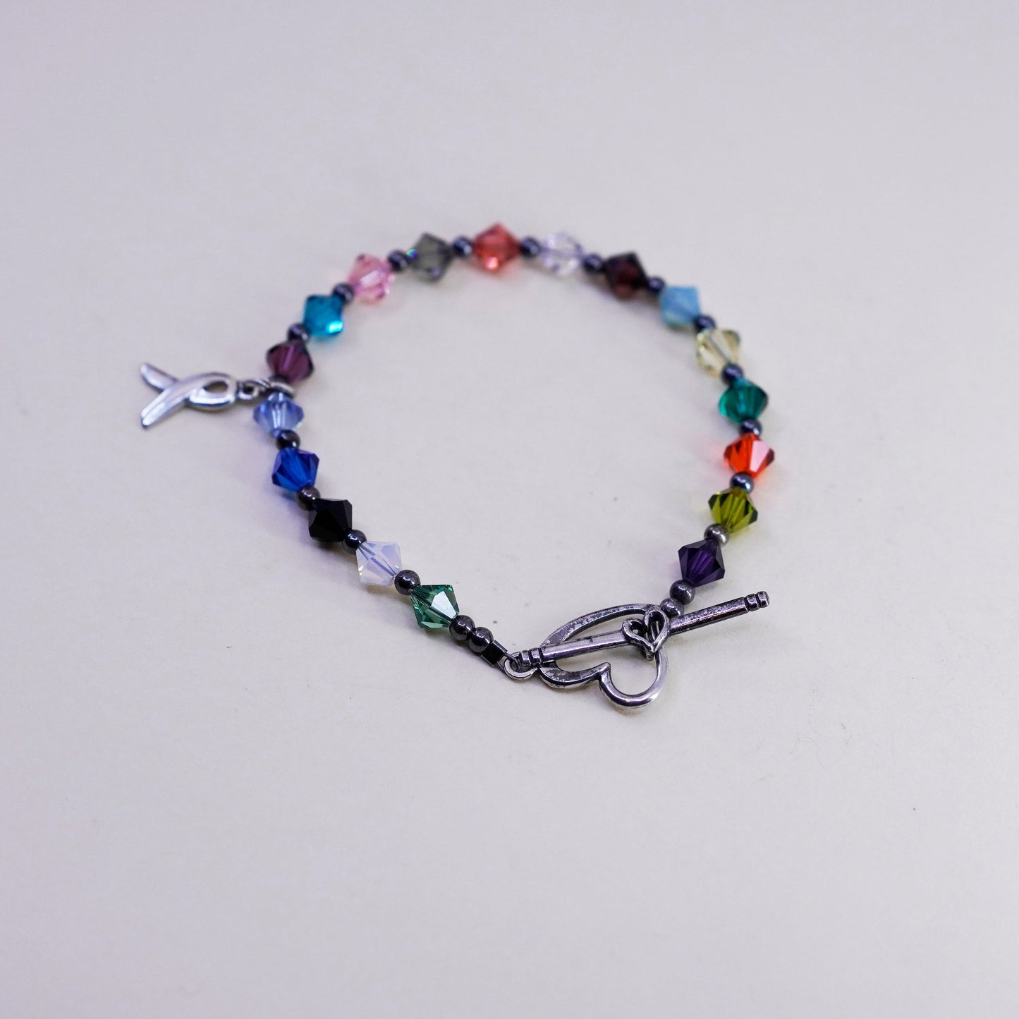 6.5”, Sterling 925 silver bracelet, colorful crystal breast cancer ribbon charm