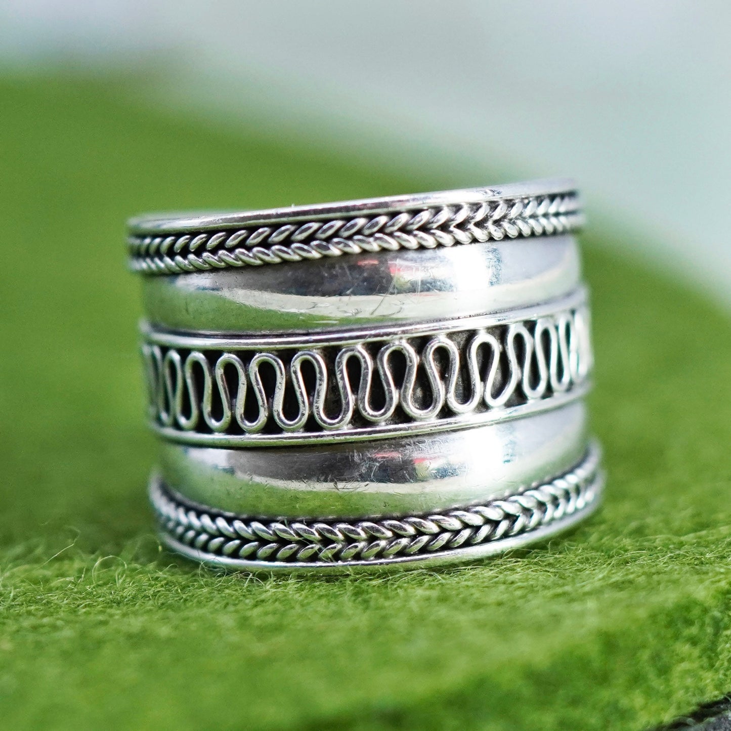 Size 8, Vintage sterling silver handmade ring, 925 cable textured wide band