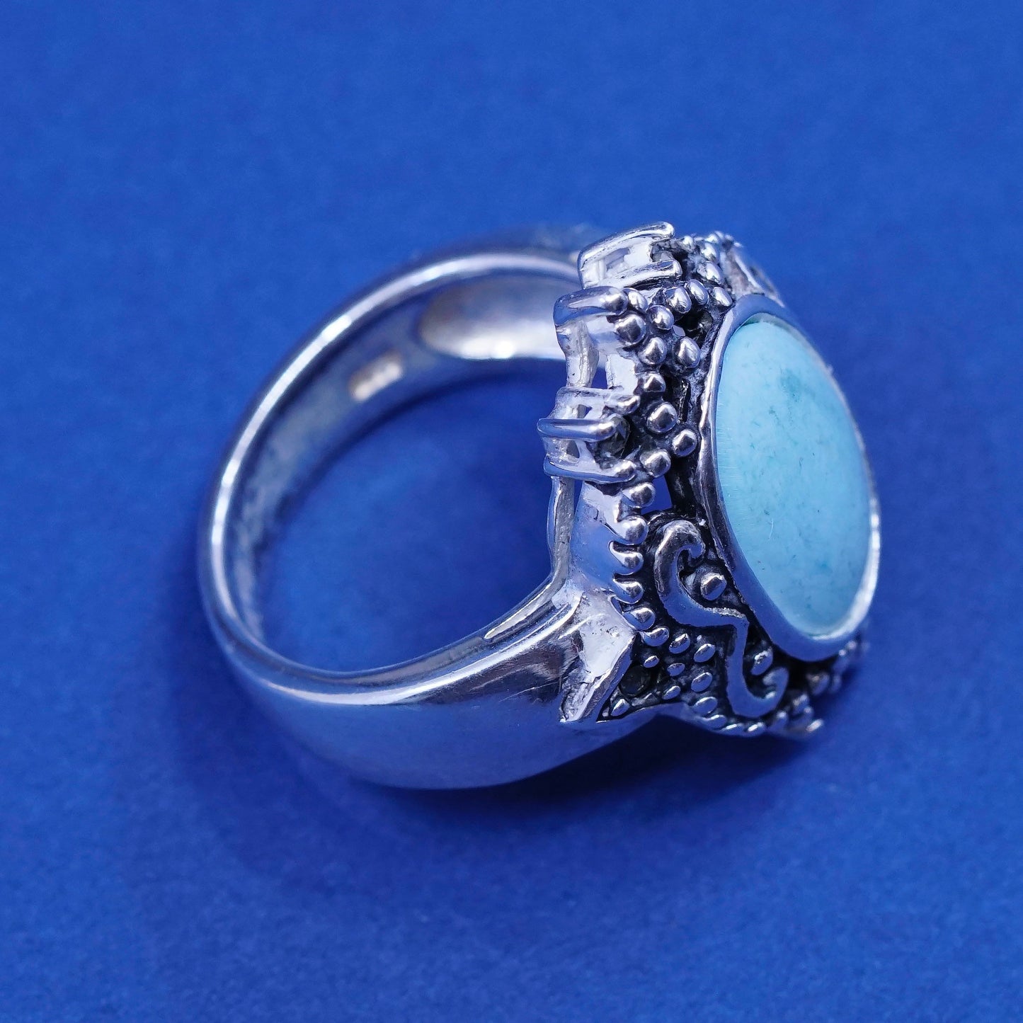 Size 5.75, vintage Sterling 925 silver handmade ring with turquoise and beads