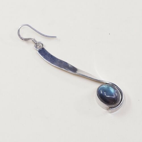 Vtg Modern handmade Sterling 925 Silver earrings, Oval Labradorite Dangles
