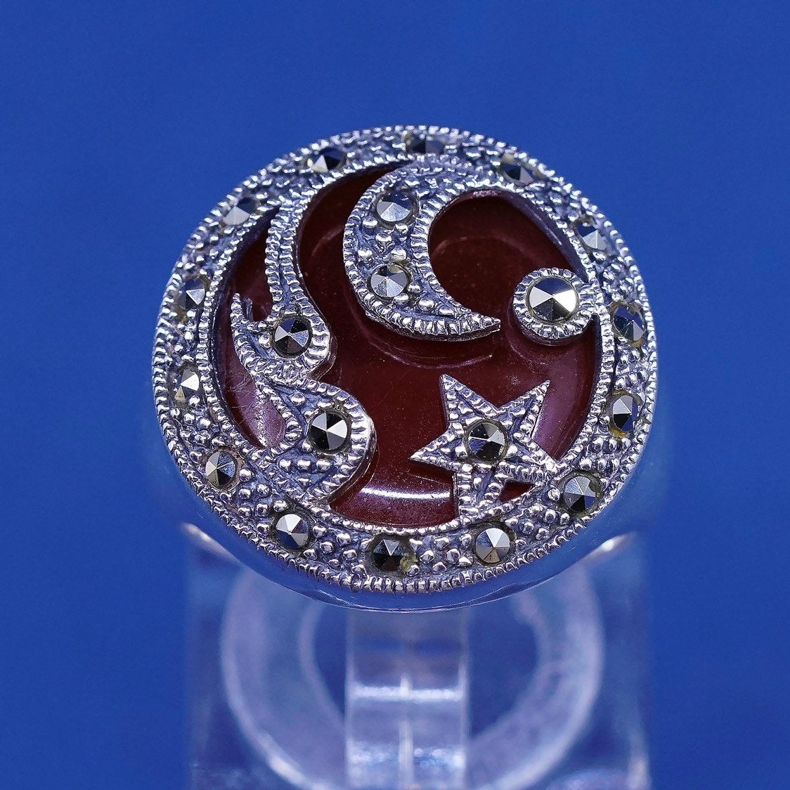 sz 7, vtg sterling silver handmade ring, 925 w/ carnelian N Marcasite moon star