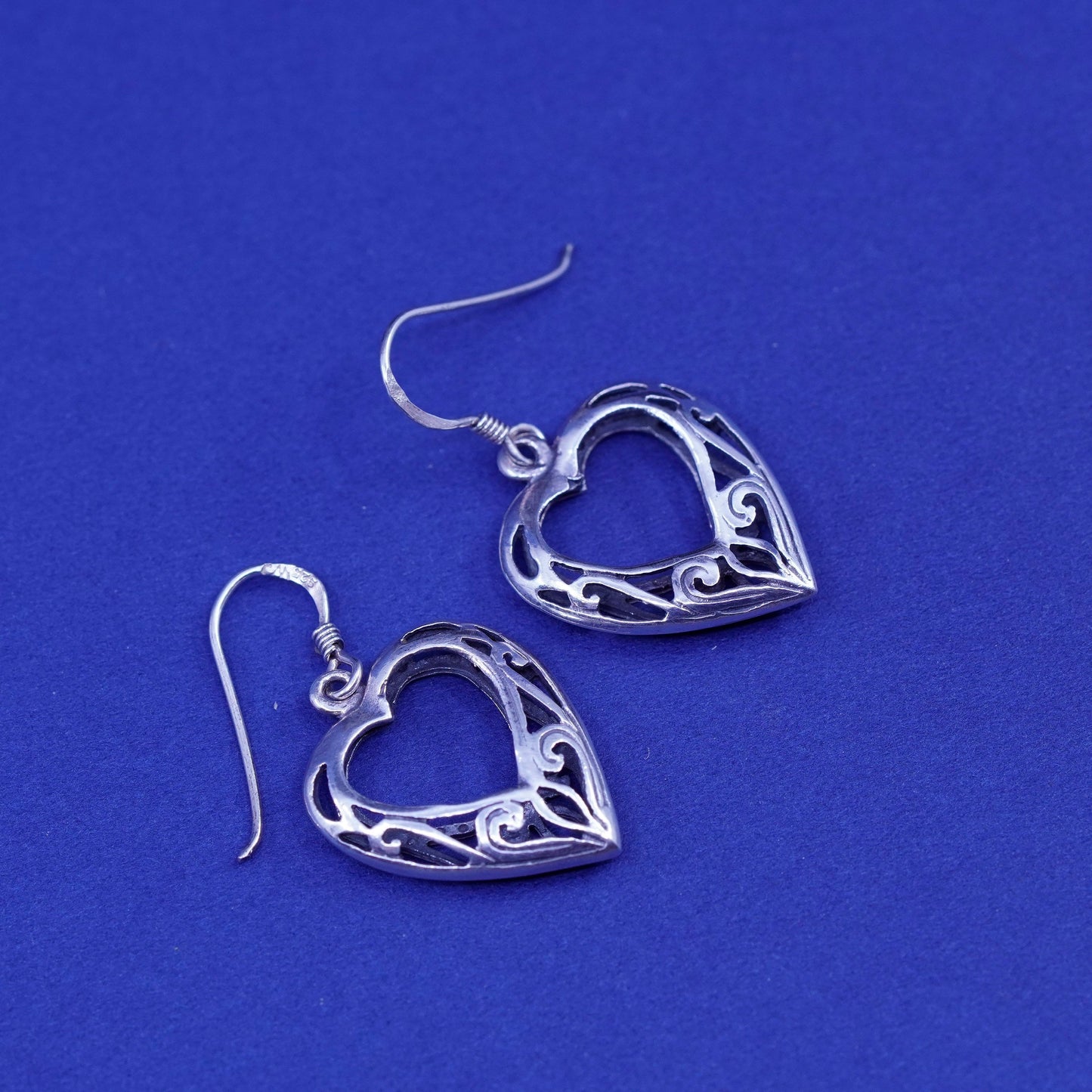 Vintage Sterling silver handmade earrings, 925 Bali filigree heart drops