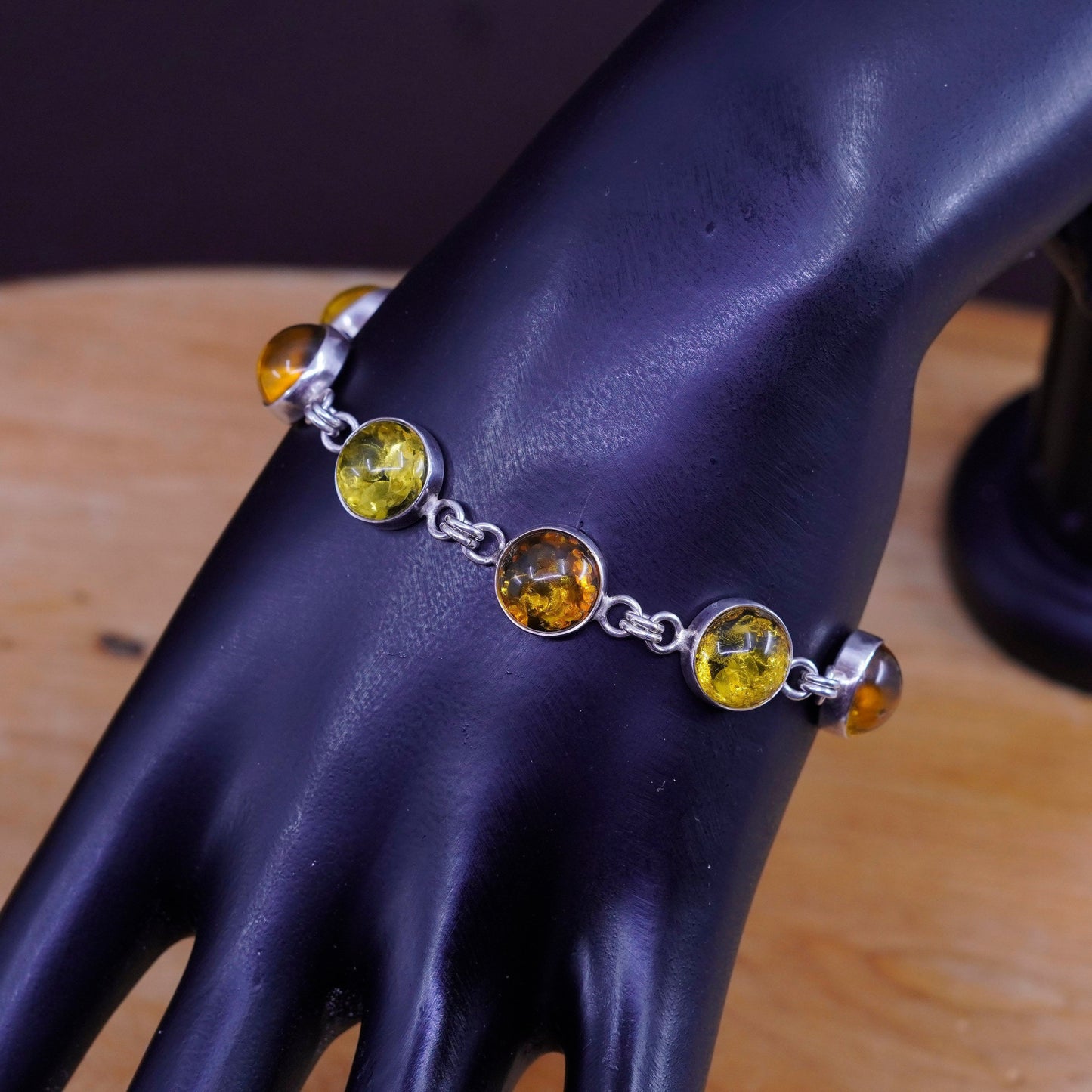 7”, vintage Sterling 925 silver handmade bracelet with Amber