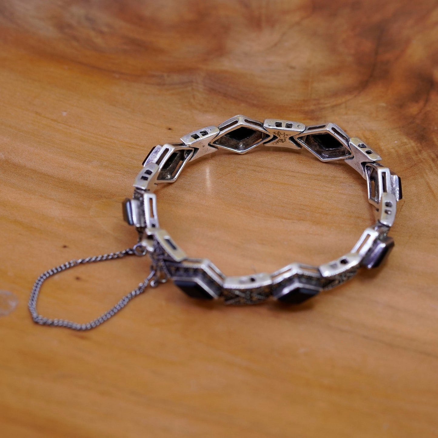 6.75”, Sterling silver handmade bracelet 925 tennis bracelet marcasite obsidian