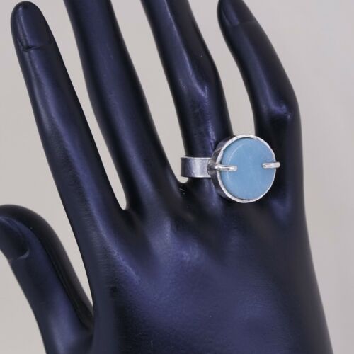 Sz 8, Vtg Sterling Silver Handmade Ring, 925 Silver Ring W/ Round Larimar
