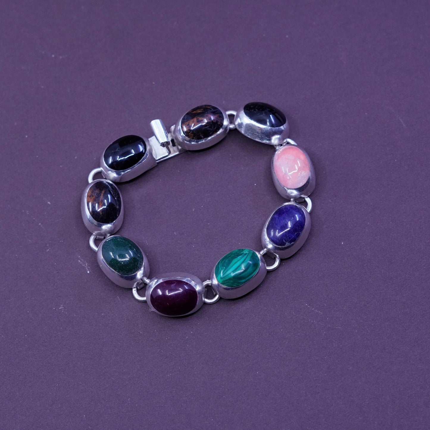 6.75”, mexico Sterling 925 silver bracelet w/ quartz obsidian jasper malachite