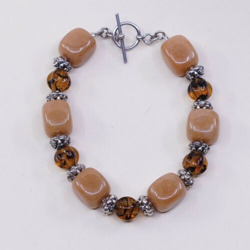 6”, Vtg Handmade Amber N Orange Gemstone Bracelet W/ Silver Tone Toggle Closure
