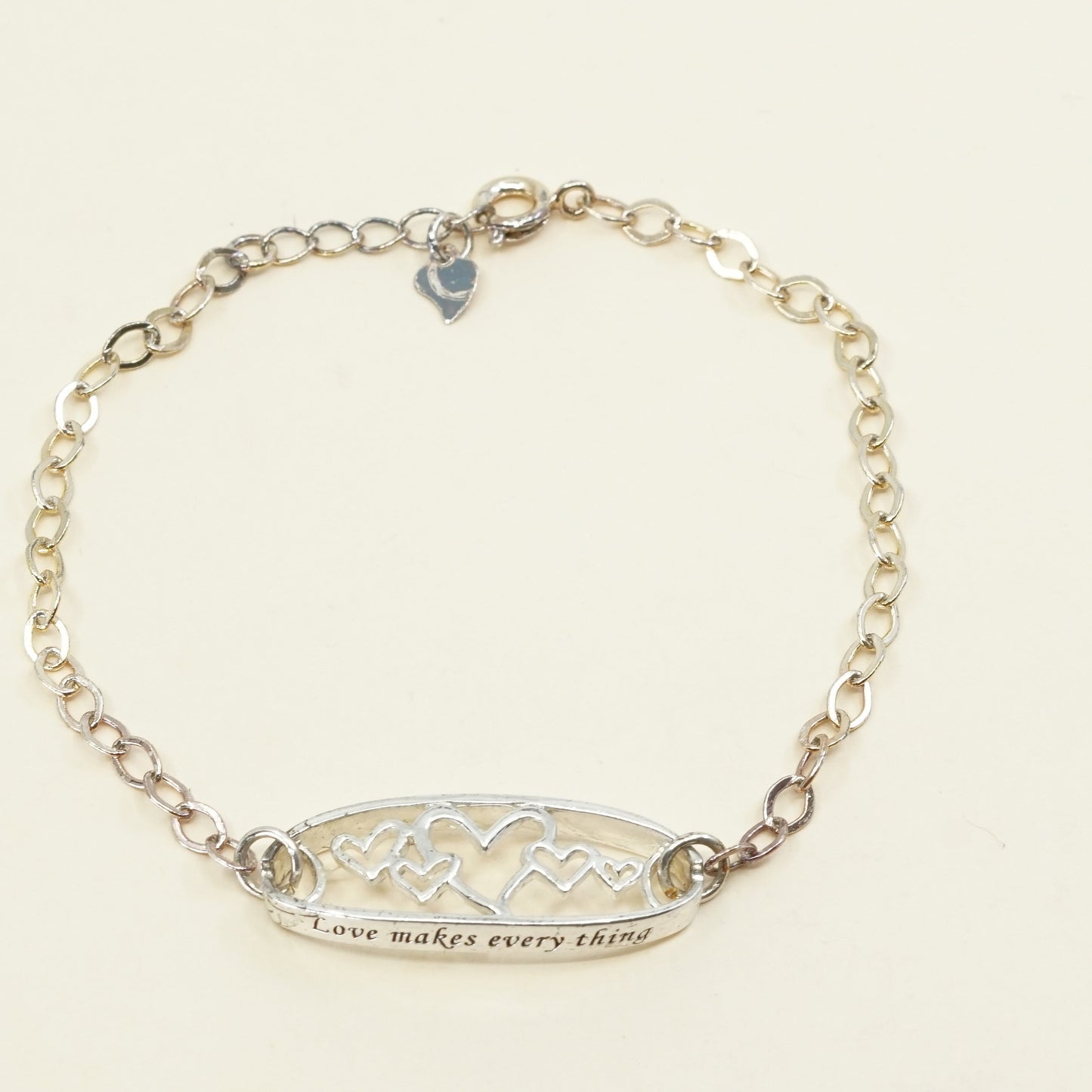 7.75", vtg Sterling Silver Bracelet, 925 flatten circle chain w/ heart “love"