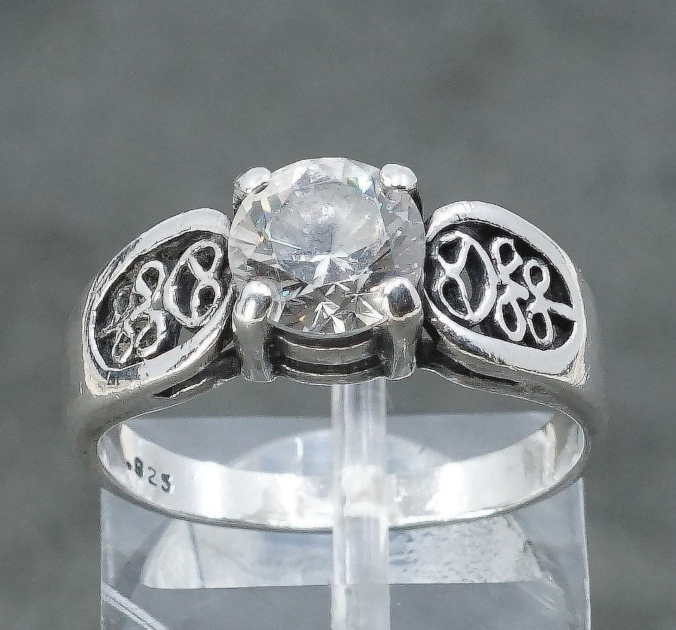 sz 7, vtg Sterling silver engagement ring, 925 w/ crystal