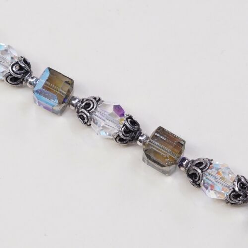 6.75”, Vtg Sterling Silver Handmade Bracelet, 925 Beads W/ Blue Crystal Beads