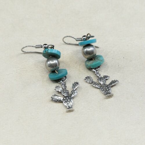Vtg handmade Sterling 925 Silver earrings W/ Turquoise N Cactus Dangles