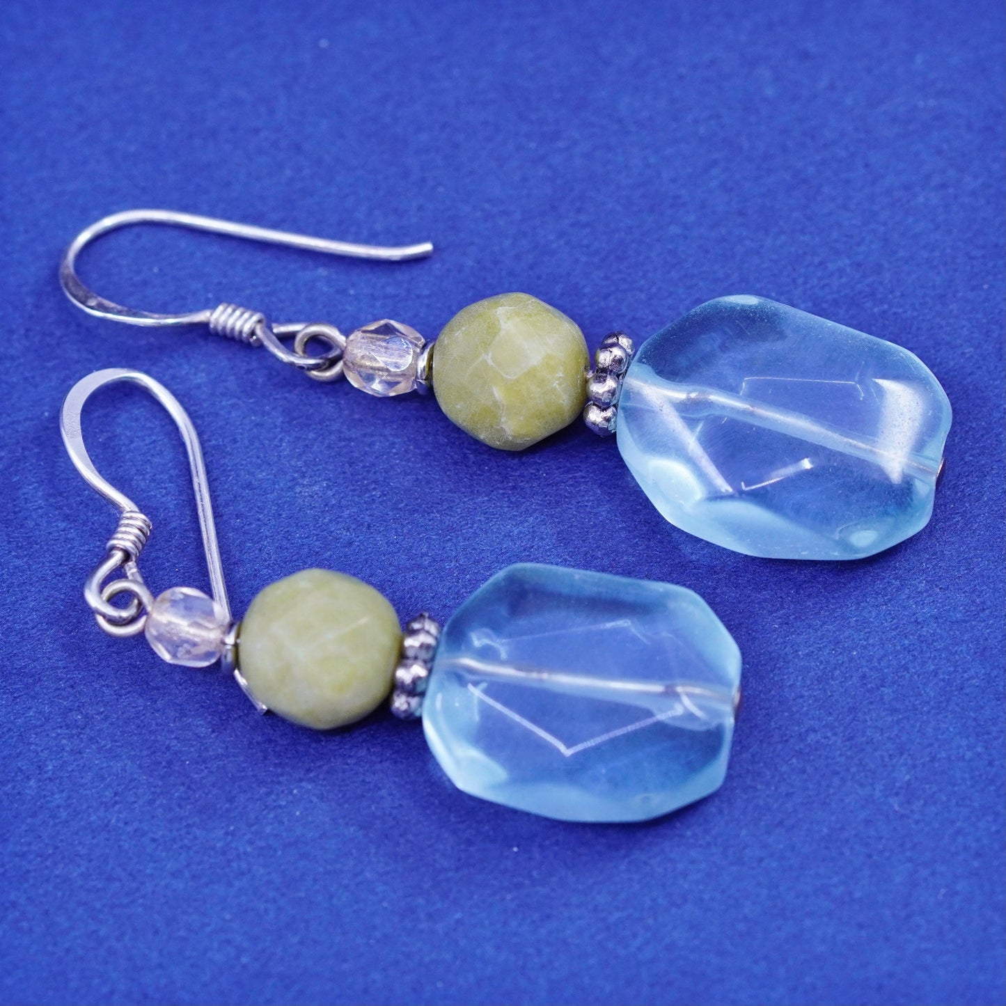 Vintage Sterling 925 silver handmade earrings with blue crystal and jade bead