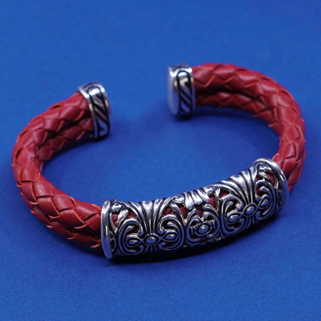 5.5", Sterling silver handmade bracelet, 925 cuff braided red leather wrapped