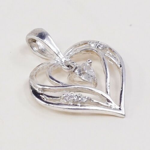 Vintage Sterling Silver Heart Pendant W/ Cz Dangle, Solid 925 Silver Charm