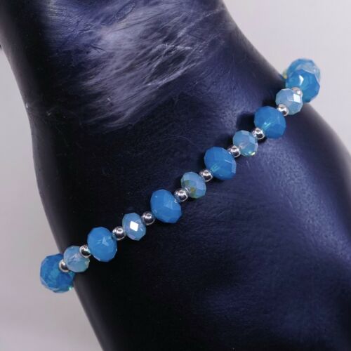7.5”, Mexico Sterling 925 Silver Handmade Bead Bracelet, Blue Crystal beads