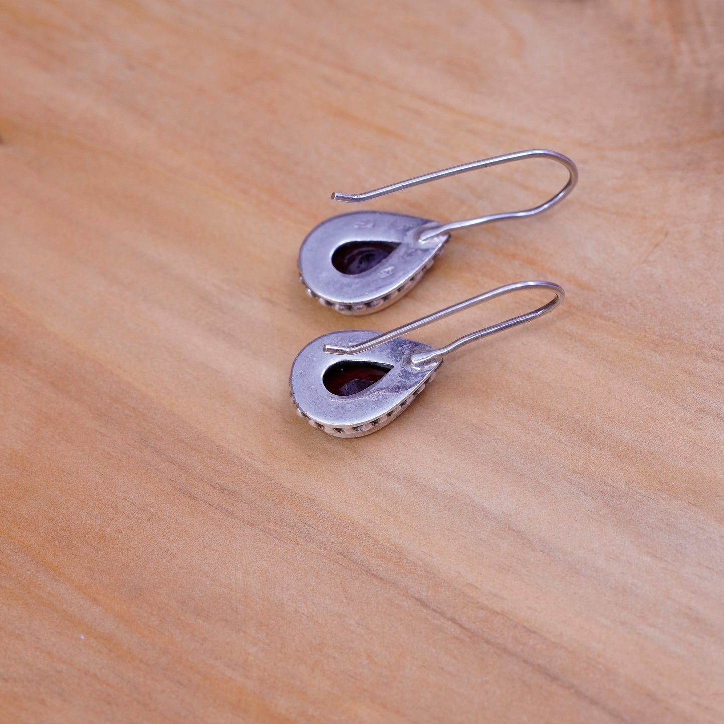 Vintage Sterling 925 silver handmade earrings with teardrop ruby and beads