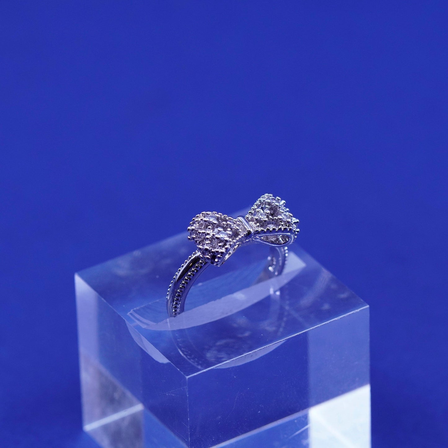 Size 4.5, vintage Sterling silver handmade ring, 925 bow tie ribbon ring w/ cz