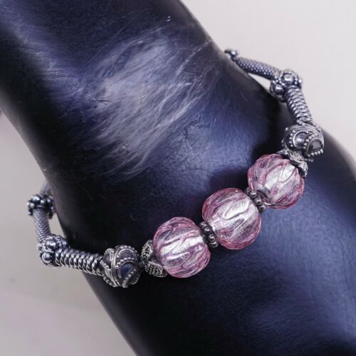 6.75”, Mexico Sterling 925 Silver Handmade Hinged Bangle W/ Pink Foiled Glass