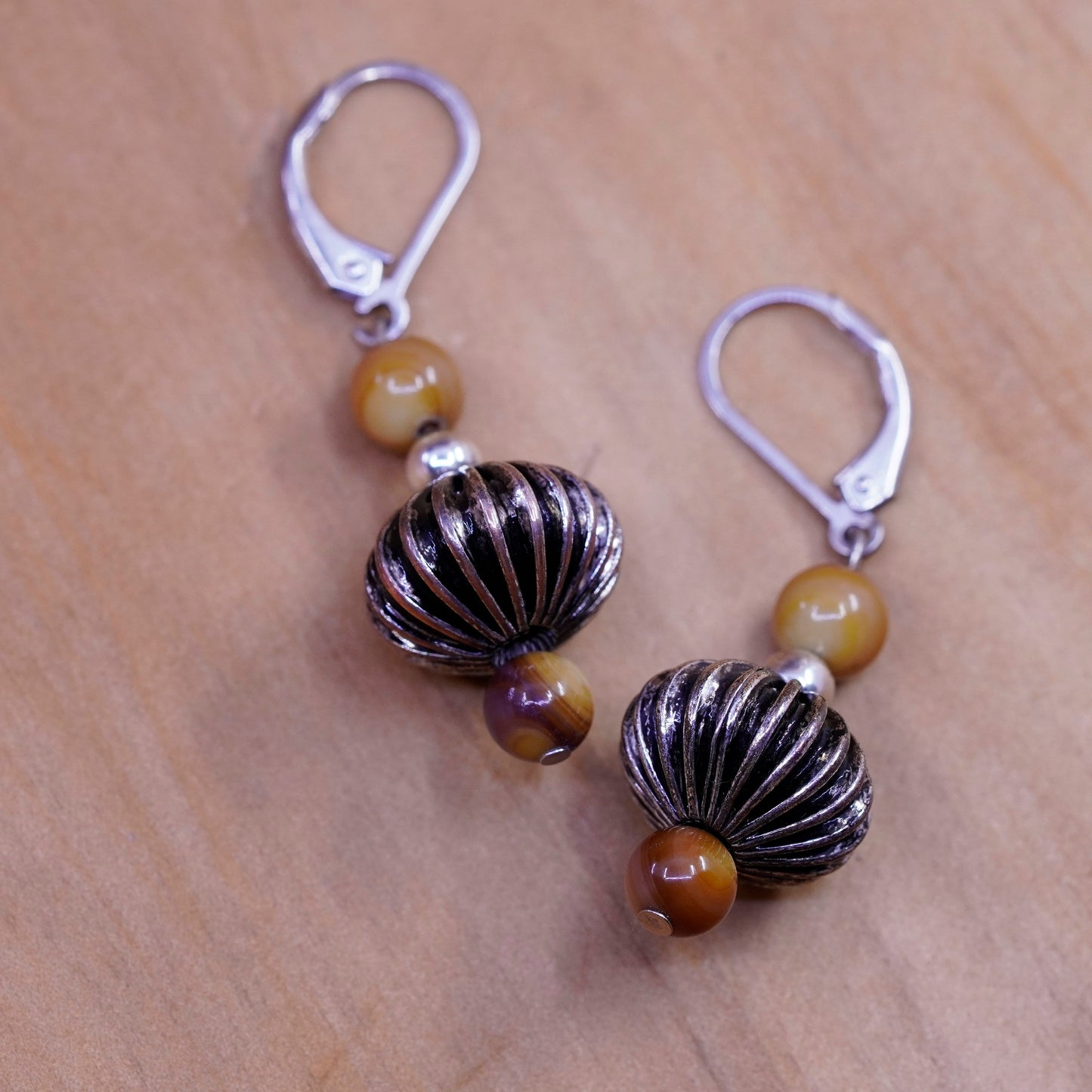 Vintage Sterling 925 silver handmade earrings with golden cat’s eye drops beads