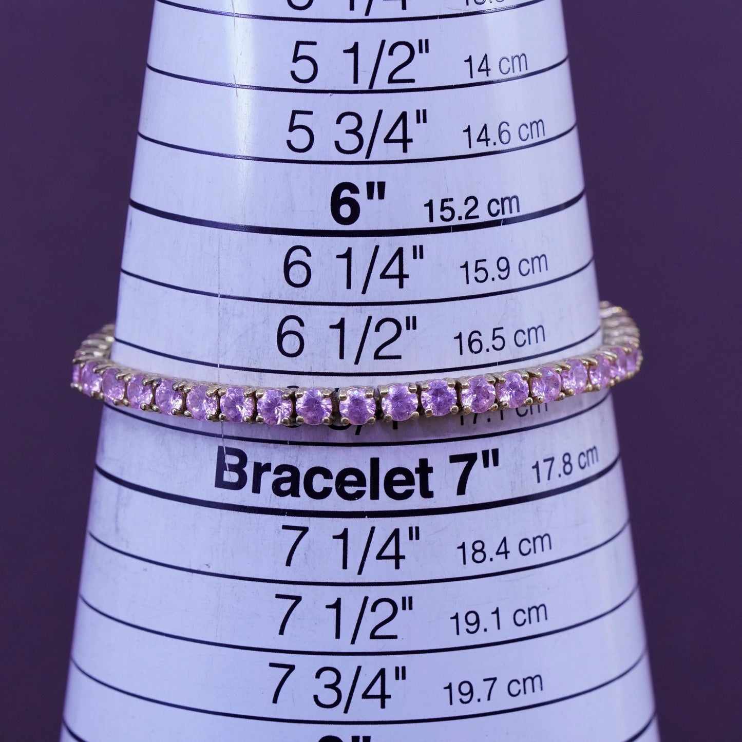 6.75”, vermeil gold Sterling 925 silver tennis bracelet, chain pink crystal
