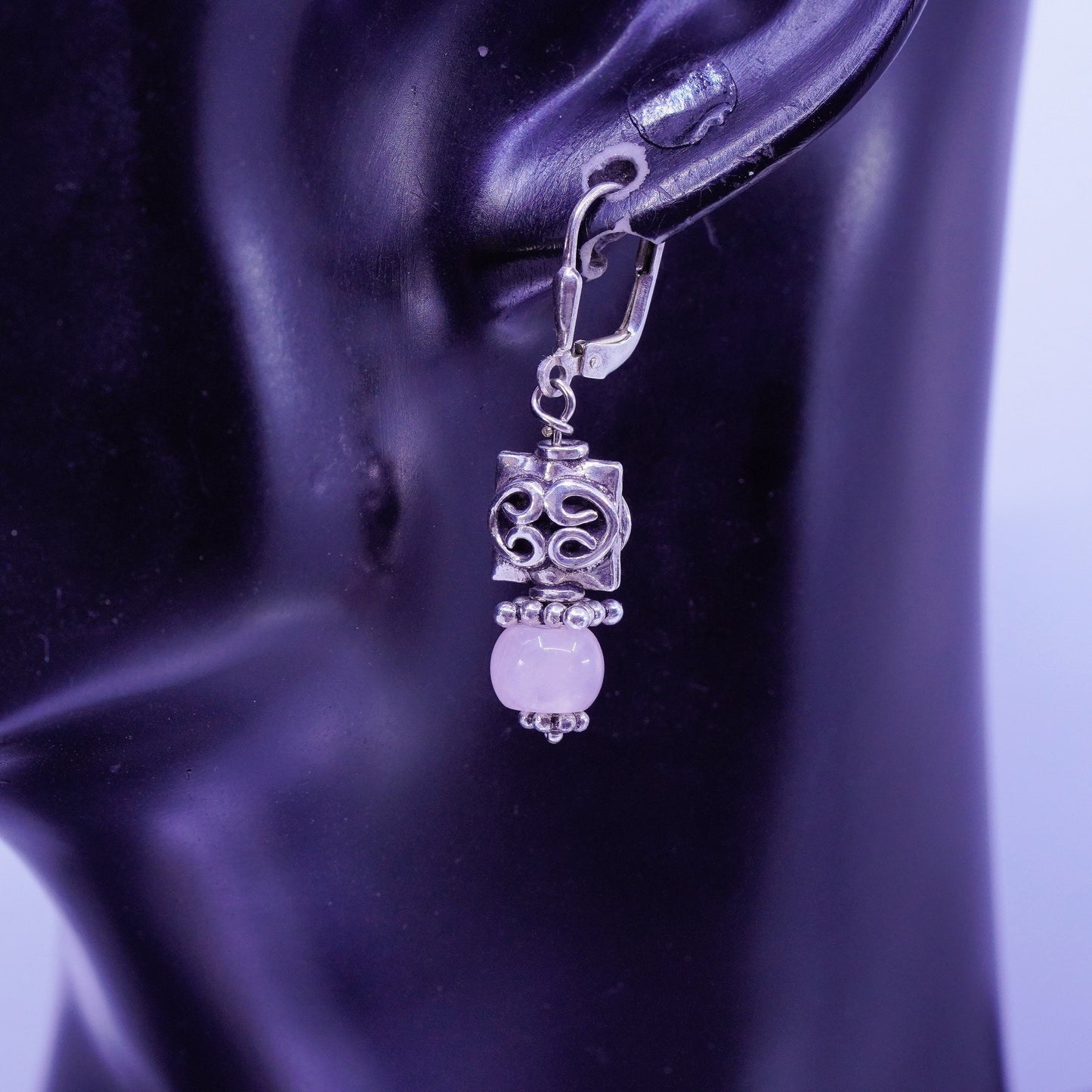 Vintage Sterling 925 silver handmade filigree earrings with pink rose quartz