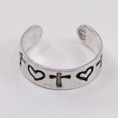 Sz 3.75, Vtg Sterling Silver Handmade Ring, 925 Silver Pinky Band W/ Heart Cross