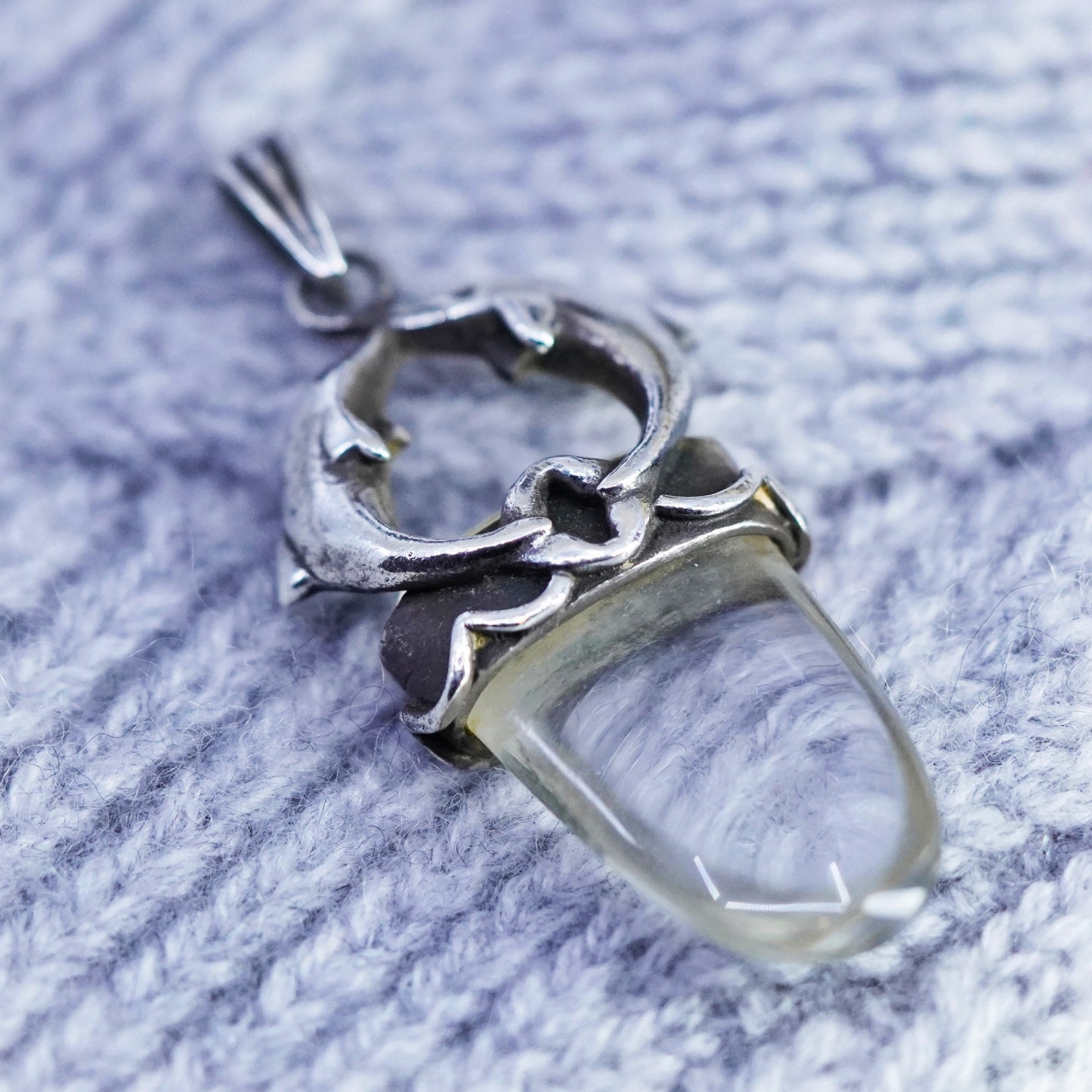 Vintage sterling 925 silver healing crystal pendant with dolphin lovers
