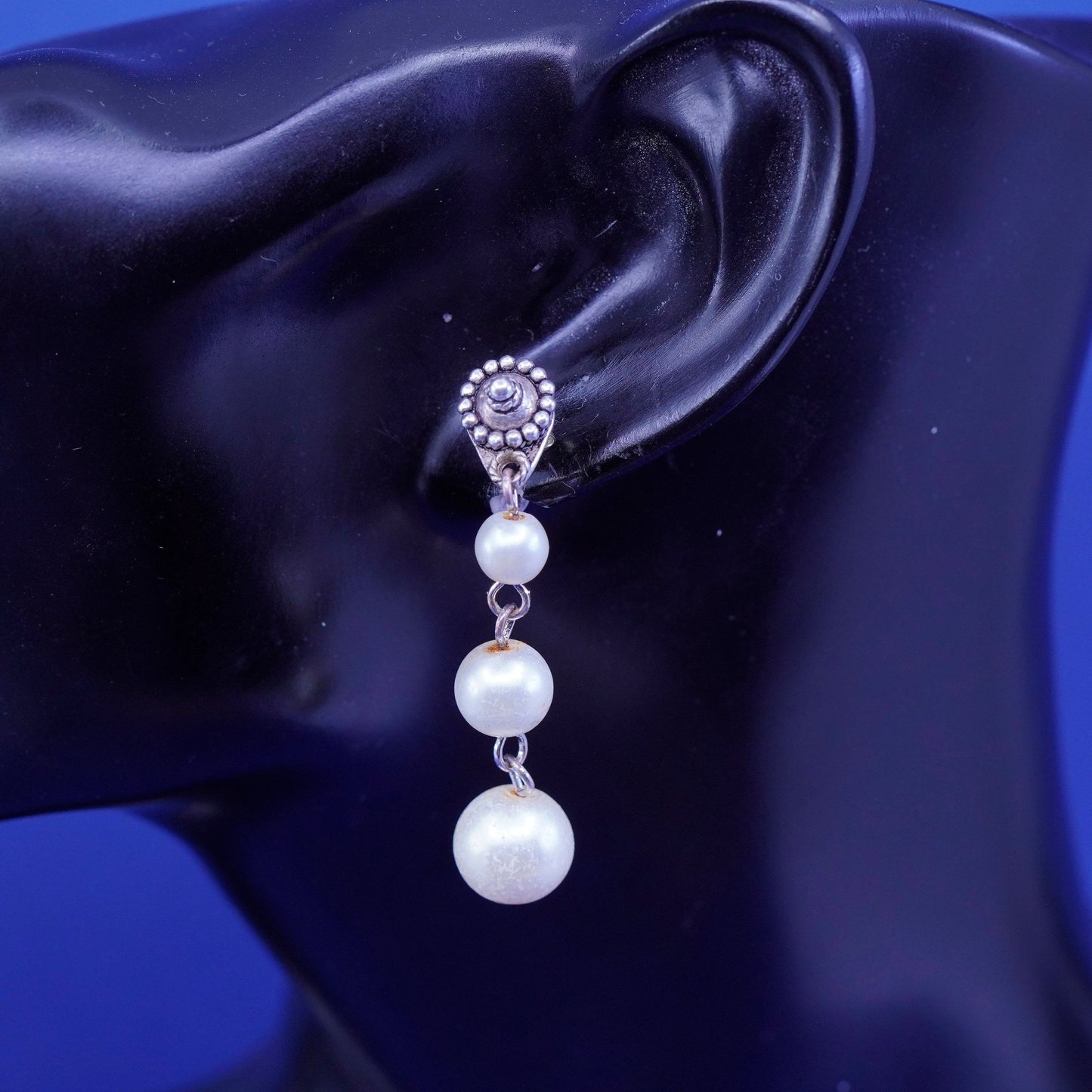 Vintage Sterling silver handmade earrings, bali 925 studs with pearl drops